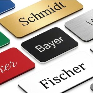 Personalisierte Namensschilder aus Acryl in Blau, Gold, Silber, Gr&uuml;n, Schwarz, Wei&szlig;, Rot und Grau mit gravierten Namen wie M&uuml;ller, Schmidt, Weber und Fischer